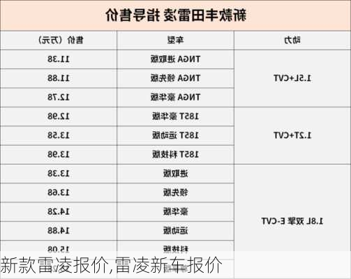 新款雷凌报价,雷凌新车报价